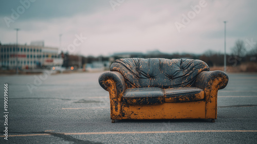 flagrant. A worn-out sofa on an empty urban lot, overcast daylight. real-estate listings, architecture portfolios, designed for interior renovation comparisons for interiors.