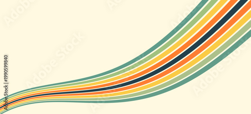 Abstract colorful 70s background vector. Vintage retro wallpaper with rainbow stripes and wavy lines. A 1970 color illustration suitable for posters, banners, decorative items and wall art.eps 10