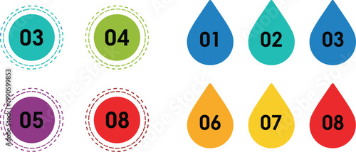 Number badge icons set colorful labels drops circles infographic elements vector collection modern minimal design markers