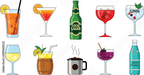 Comprehensive Bar and Tavern Beverage Vector Illustration Set Featuring Local Lager Beer Gin Tonic Berry Sangria White Wine Coffee and Sparkling Mineral Water Icons