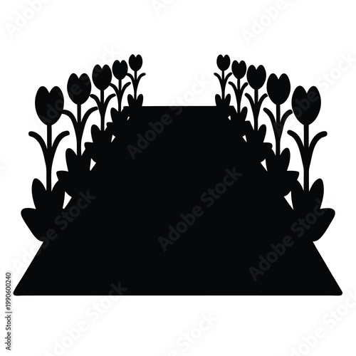 Elegant black silhouette of a flower bed with tulips on white background