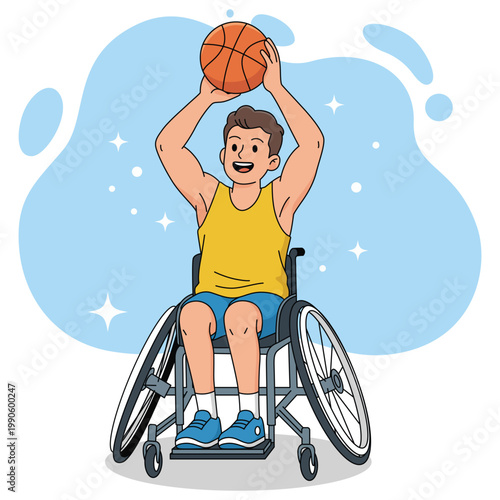 Disabled Athlete Playing Basketball in Wheelchair Adaptive Sports Cartoon Vector Illustration