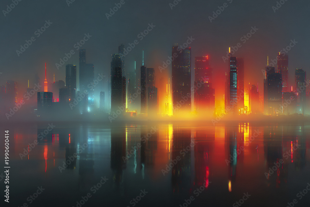 Naklejka premium Neon cyberpunk skyline with glowing skyscrapers reflecting on water, surrounded by mist and vibrant red, orange, and blue lights creating futuristic cityscape atmosphere