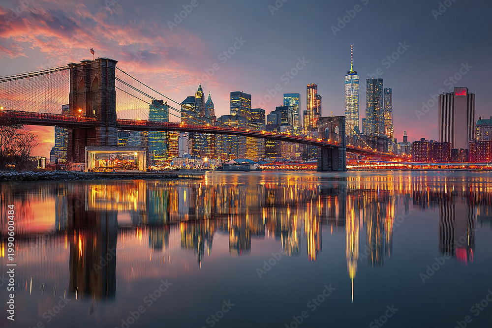 Fototapeta premium New York City skyline panorama at twilight with Brooklyn Bridge and skyscraper lights reflecting on calm water, creating vibrant and peaceful urban scene