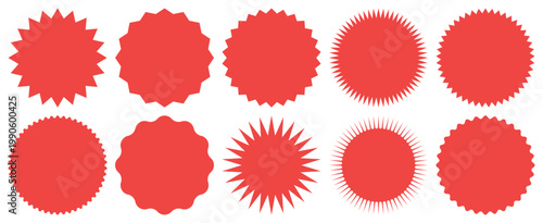 red starburst badges sale explosion burst sticker label discount promotion marketing shapes set bright radial symbols retail offer price tag design isolated vector collection