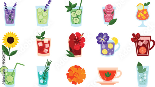 Comprehensive Packaged Beverage Vector Illustration Set Featuring Strawberry Milk Carton Orange Juice Box Cherry Soda Can Sports Drink and Space Water Bottle Icons for Kids