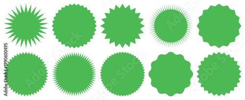 green starburst badges eco labels organic sale burst sticker promotion marketing shapes set bright radial symbols retail natural offer price tag design isolated vector collection