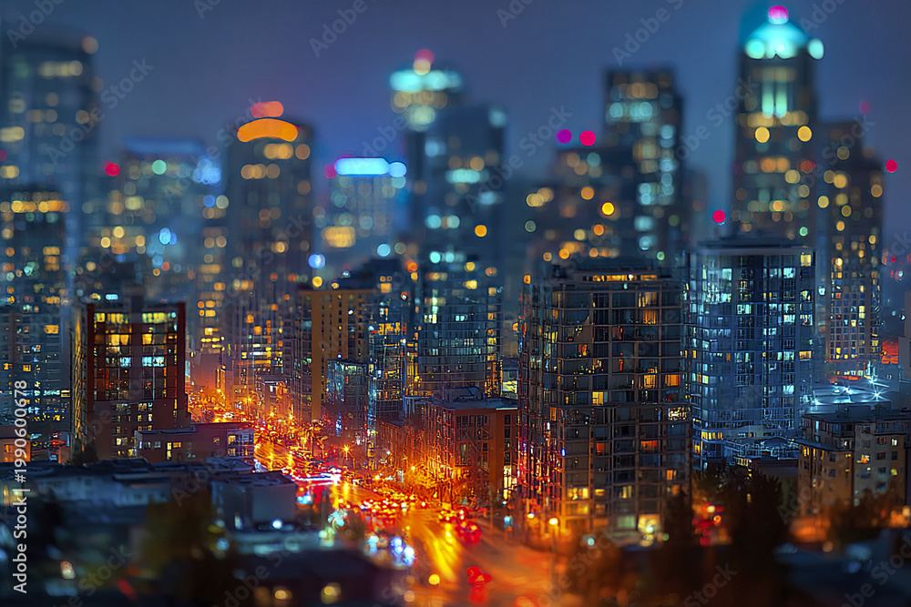Naklejka premium Night cityscape with illuminated downtown skyline and glowing street lights creating vibrant urban atmosphere with high rise buildings and busy traffic at dusk