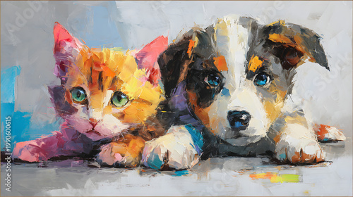 Heartwarming friendship: Cat and dog cozy oil painting