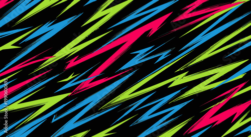 Multicolored lightning bolts strike across a dark background in a dynamic display.