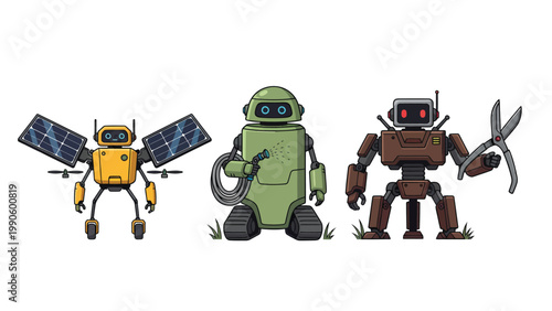 Three Diverse Service Robots for Gardening, Agriculture, and Outdoor Environmental Tasks