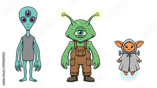 Cute Cartoon Alien Characters Set. Diverse Extraterrestrial Beings Collection with Unique Designs on White Background.
