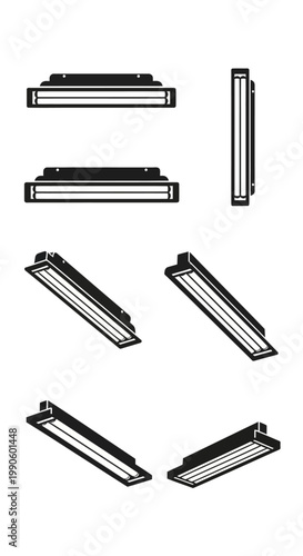 Set of modern fluorescent ceiling lights, various angles, isolated on white background