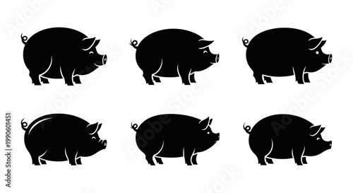Set of Six Black Pig Silhouettes on White Background