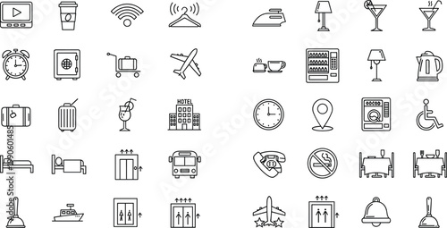 Set of Hotel and Travel Icons Featuring Amenities, Services, and Facilities in Simple Line Art Style