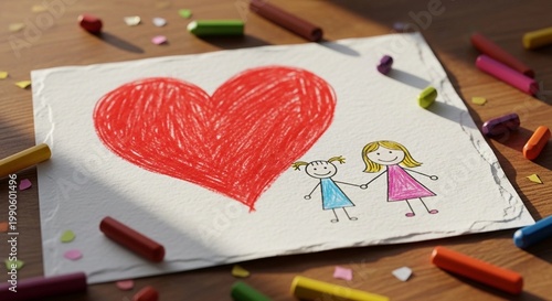 Handmade drawing of mother and daughter holding hands with a heart for Mother's Day