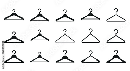 Collection of Black Clothes Hangers on White Background, Top View