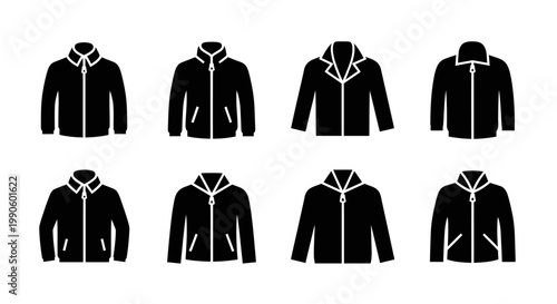 Collection of Black Jacket Icons: Bomber, Windbreaker, Varsity, and More