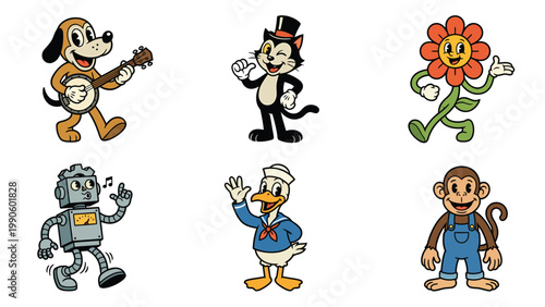 Retro Cartoon Characters Collection: Fun Vintage Style Illustrations of Animals, Robot, and Flower Mascots
