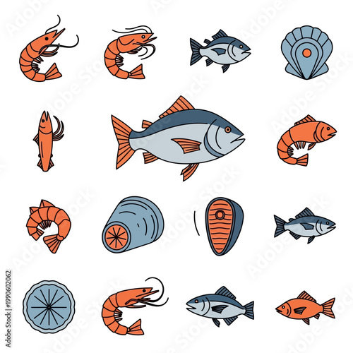 Colorful Seafood and Fish Icons Collection on White Background.