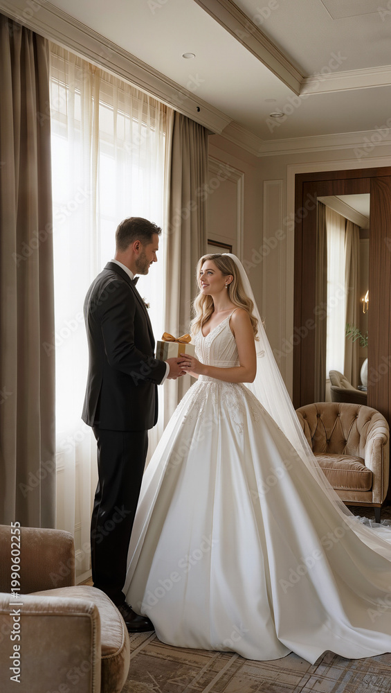 Naklejka premium elegant groom giving a gold gift box to a beautiful bride in a luxury classic interior, happy wedding couple exchange wedding gift in a grand ballroom with white roses, romantic newlywed scene 