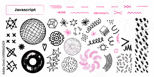 Abstract doodle collection with javascript text and various pink designs