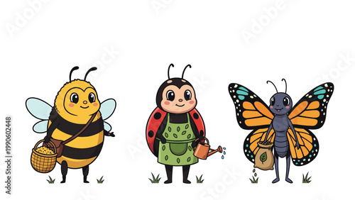 Friendly Cartoon Insect Gardeners: Bee, Ladybug, and Butterfly with Gardening Tools