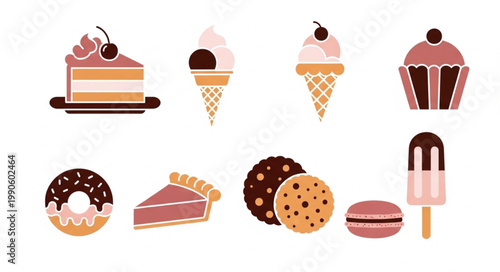 Collection of Sweet Desserts and Treats Isolated on White Background.