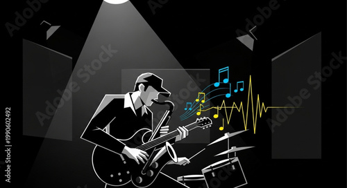 Musician Playing Guitar on Stage with Drums and Music Notes.