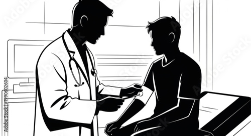 Doctor examining patients arm with stethoscope and blood pressure cuff.