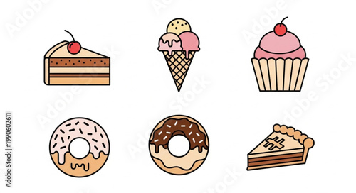 Collection of delicious sweet desserts and treats illustration.