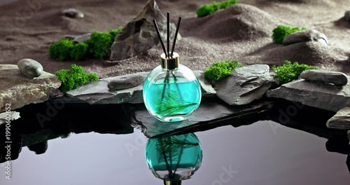 Intense fragrance diffuser on a lunar landscape with small pond.