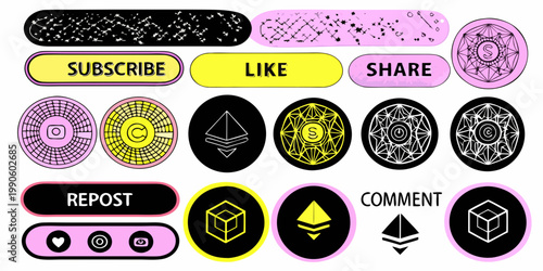 Collection of colorful geometric social media buttons and abstract shapes