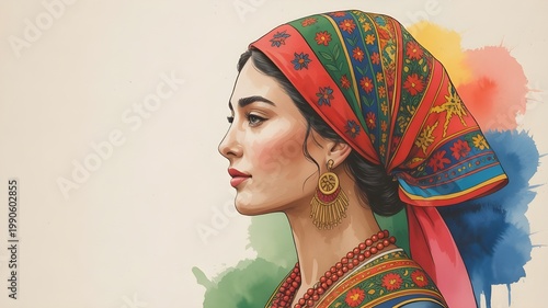 International Romani Day: Romani woman in traditional colorful dress, loose flowing watercolor illustration style, soft pastel tones with vibrant accent colors, delicate brushstrokes