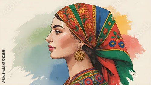 International Romani Day: Romani woman in traditional colorful dress, loose flowing watercolor illustration style, soft pastel tones with vibrant accent colors, delicate brushstrokes