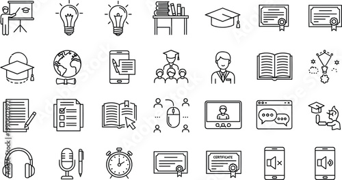 Online education e learning icons set digital study course training knowledge outline vector collection modern minimal academic technology