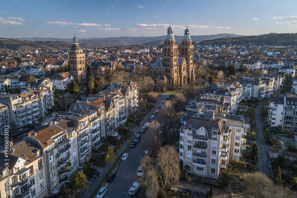 Naklejka premium European cityscape with historic cathedral and residential buildings under clear sky, peaceful urban environment with tree lined streets and distant hills creating serene atmosphere