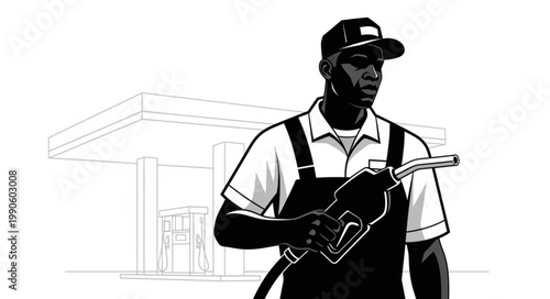Gas Station Attendant Holding Fuel Nozzle at Service Station.
