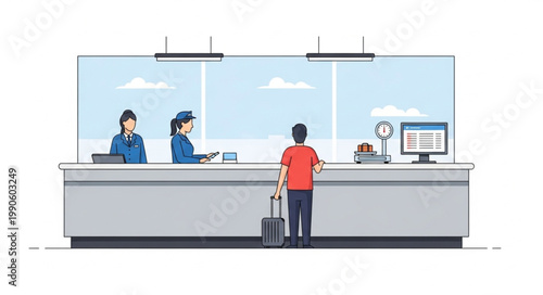Traveler at Airport Check-in Counter with Staff.