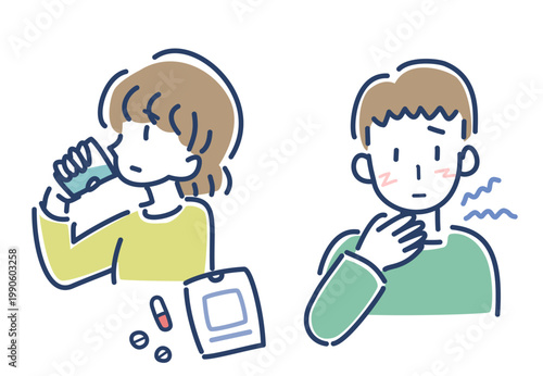 薬を飲む女性と喉が痛い男性のベクターイラスト