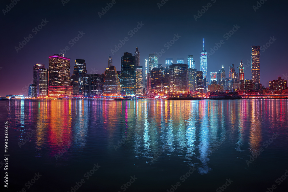 Fototapeta premium Panoramic night city skyline with glowing skyscraper lights reflecting on calm water, creating vibrant and colorful urban atmosphere full of energy and life