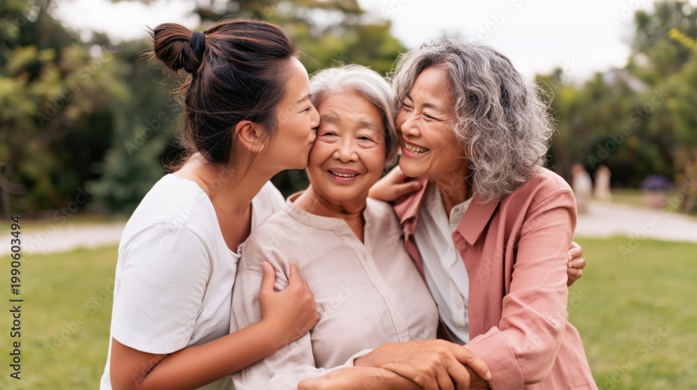 Naklejka premium Young woman kissing elderly mother with family in public park