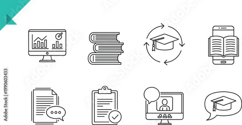 Online education icons set e learning course study digital outline vector collection minimal modern academic technology symbols