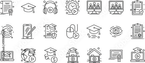 Online education icons set e learning course training digital study outline vector collection minimal modern academic technology symbols