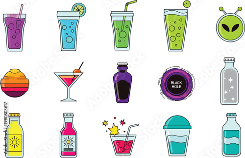 Outer Space Fantasy Beverage Vector Illustration Set Featuring Alien Elixir Black Hole Drink Nebuly Potion Star Dust Juice and Interstellar Sparkling Water for Sci-Fi Gaming