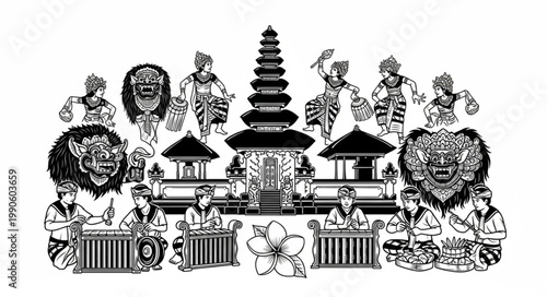 Balinese Traditional Dance Performance and Temple Illustration.