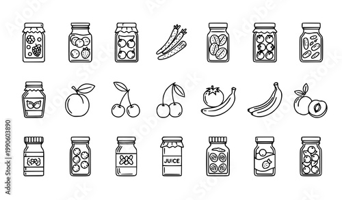 Pickled food product icons set vector thin line jar berries fruits vegetables juice tomato cherry pictograms isolated white background