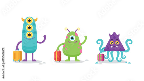 Friendly cartoon monsters with luggage, waving. Adorable characters ready for a fun trip or holiday adventure.