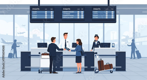 Airport check in counter with passengers and staff.