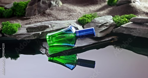 Aromatic green perfume on black stones illuminated by moonlight.